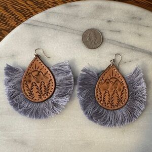 Kasey Jean Leather Designs Teardrop Tooled Leather Earrings with Purple Fringe